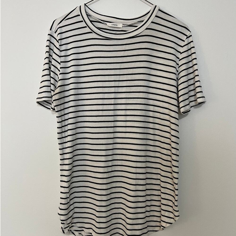 Crave Fame Striped Ribbed Knit Tee Womens Large L Crewneck High Low Curved Hem